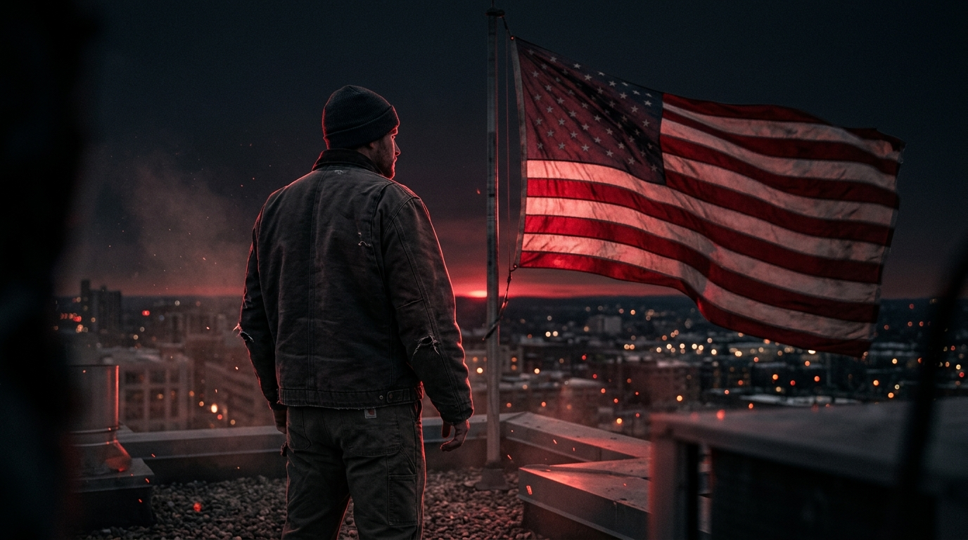 Recruitment hero frame — figure before an American flag at dusk
