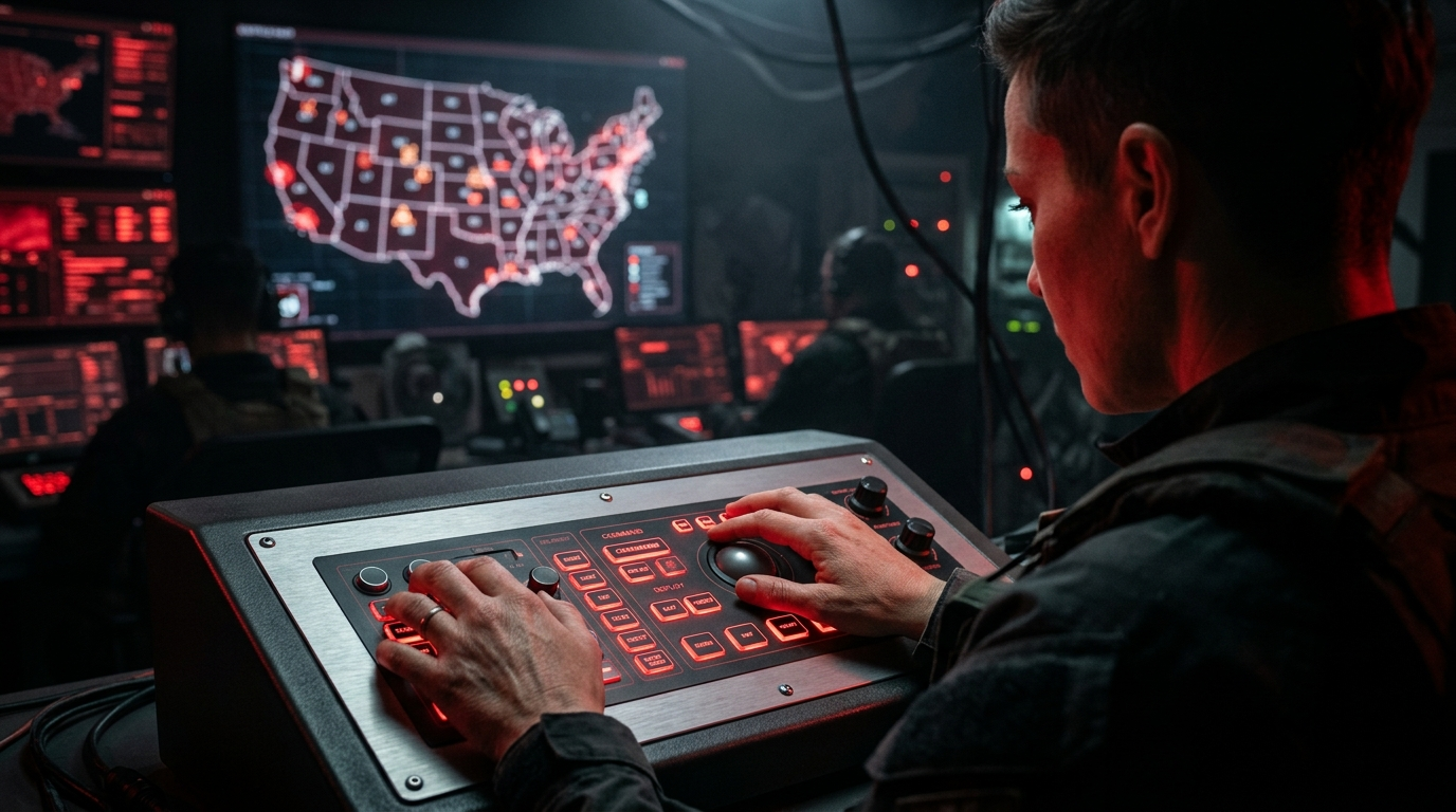 Weapon hero frame — operator at a crimson command console