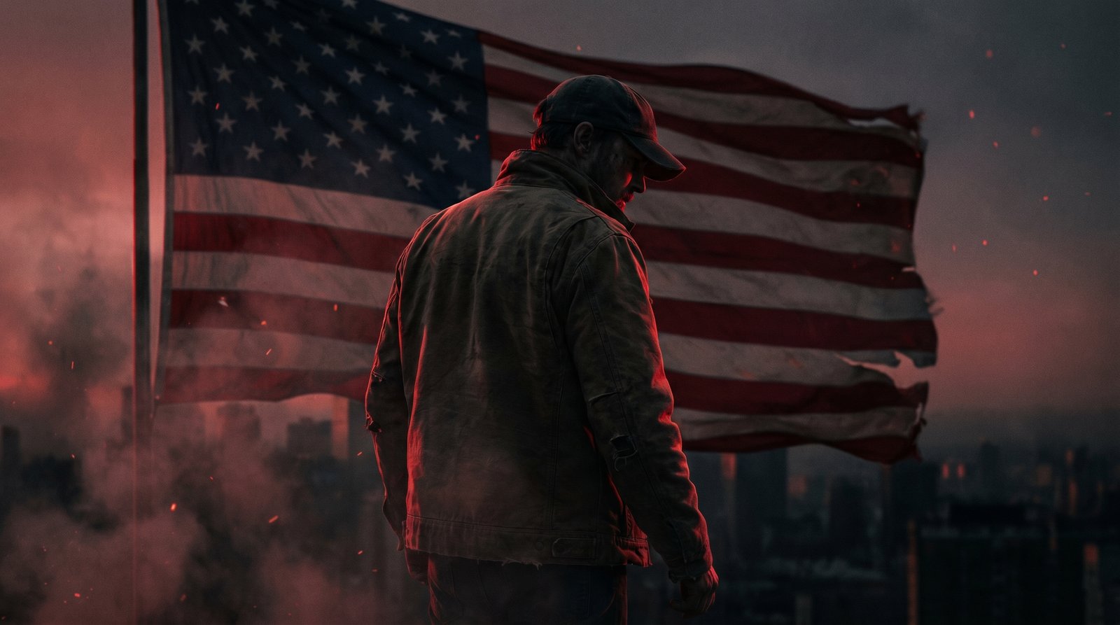Recruitment hero frame — figure before an American flag at dusk