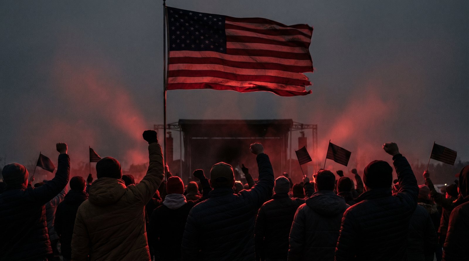Strike hero frame — rally crowd with raised fists and flags
