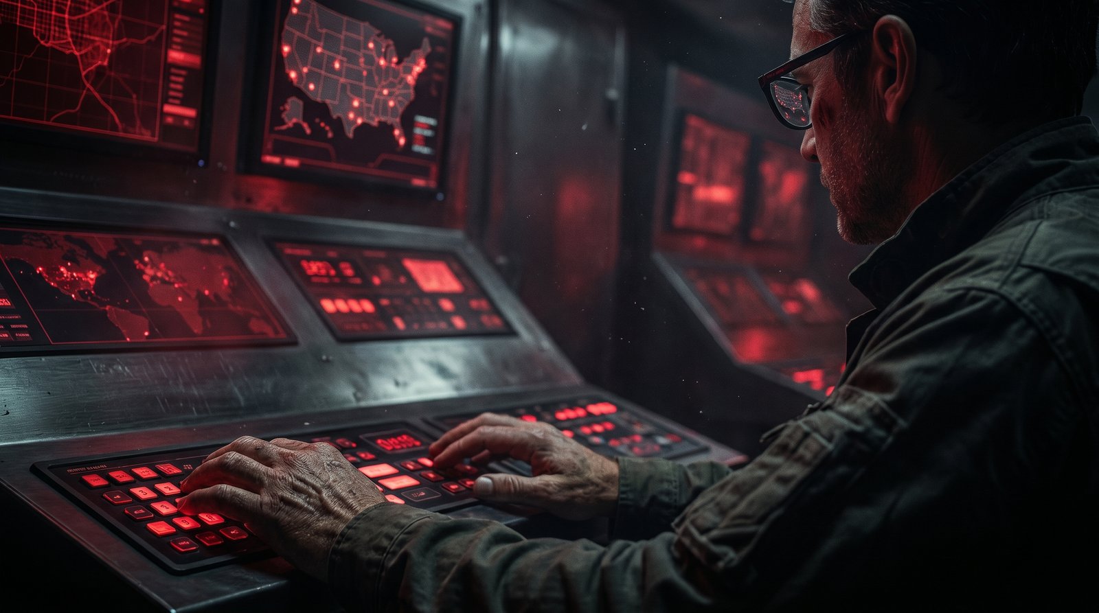 Weapon hero frame — operator at a crimson command console